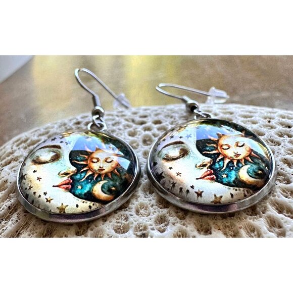Moon Star Sun Earrings Navy Blue Eclectic Planet Astrology Zodiac Celestial Taro - Picture 11 of 12